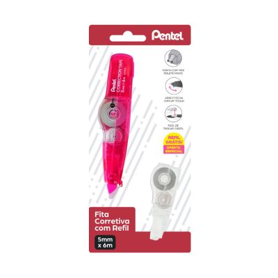 Corretivo Fita 5mm X 6m Rosa + Refil Sm/ztp205 Bls C/1 Pentel